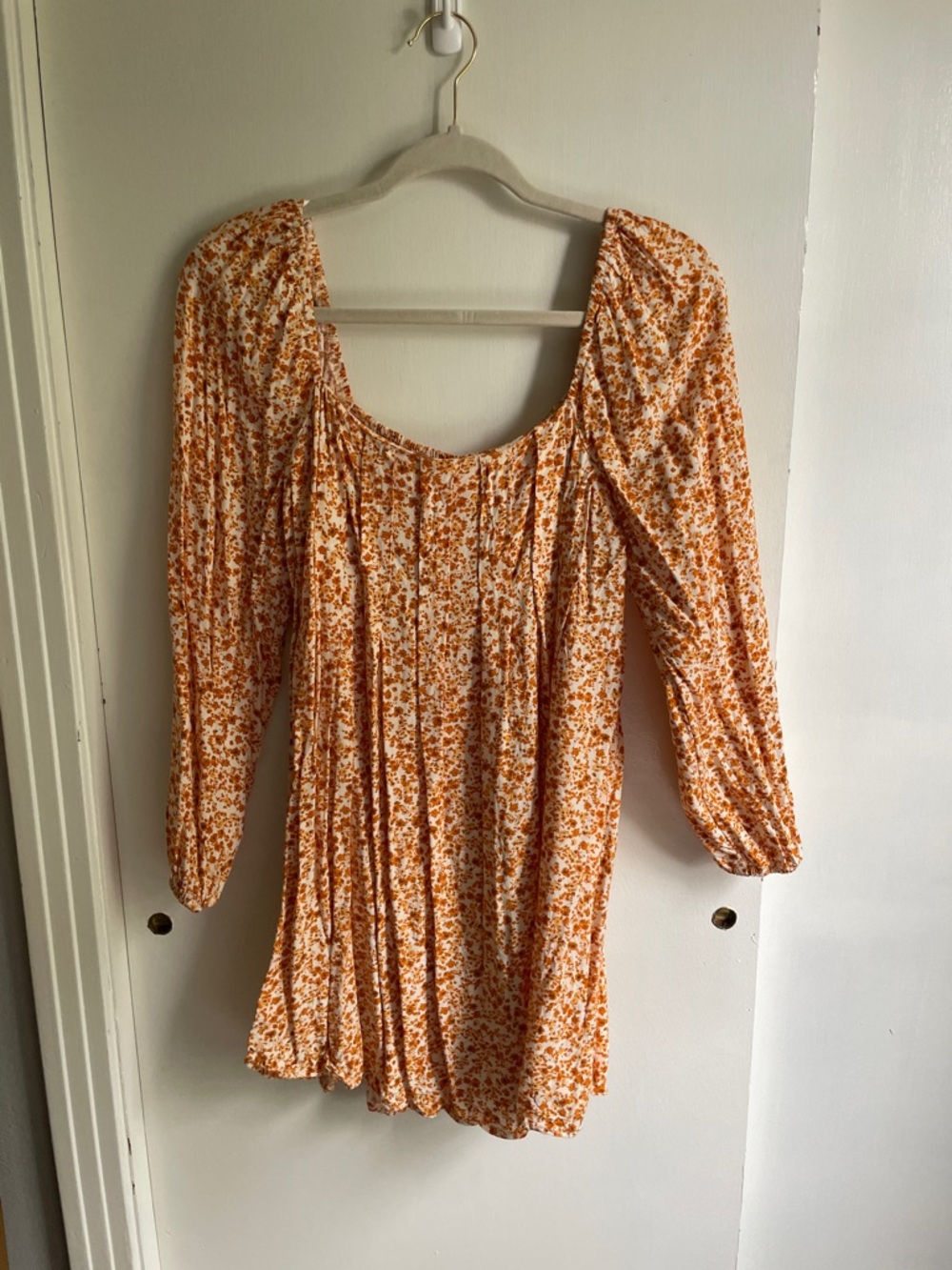 Copper Key Orange and White Floral Mini Dress with Puff Sleeves